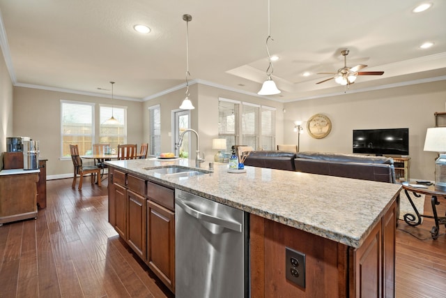 kitchen with a sink, dark wood-style floors, open floor plan, dishwasher, and a center island with sink