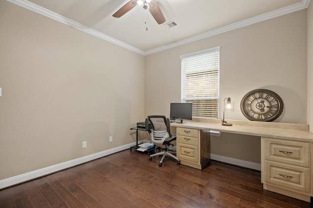 office featuring baseboards, visible vents, a ceiling fan, dark wood-style floors, and crown molding