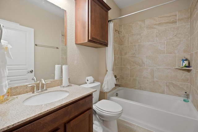 bathroom with toilet, shower / bathtub combination with curtain, and vanity