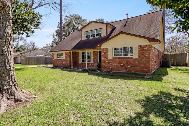 view of front of home featuring brick siding, central AC unit, roof with shingles, fence, and a front yard