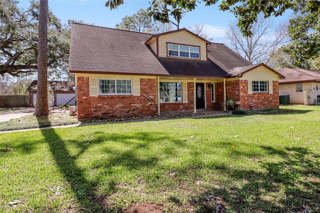 view of front of house featuring brick siding, central AC unit, a front lawn, and roof with shingles