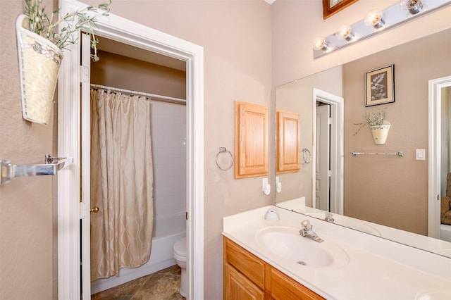 bathroom featuring toilet, tile patterned flooring, shower / tub combo with curtain, and vanity