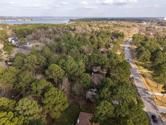 drone / aerial view featuring a water view and a view of trees