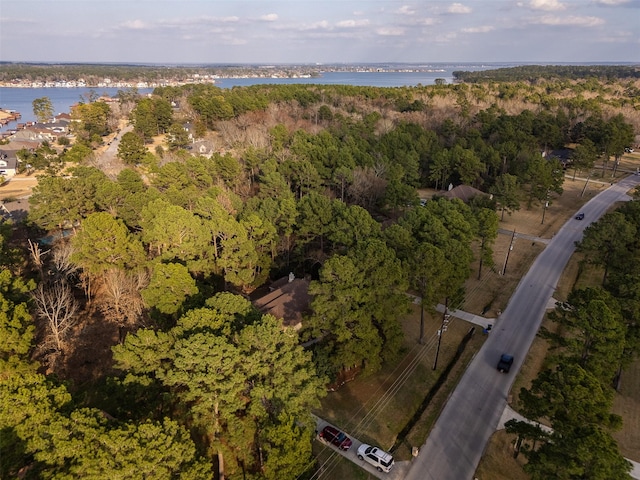 aerial view featuring a water view and a wooded view