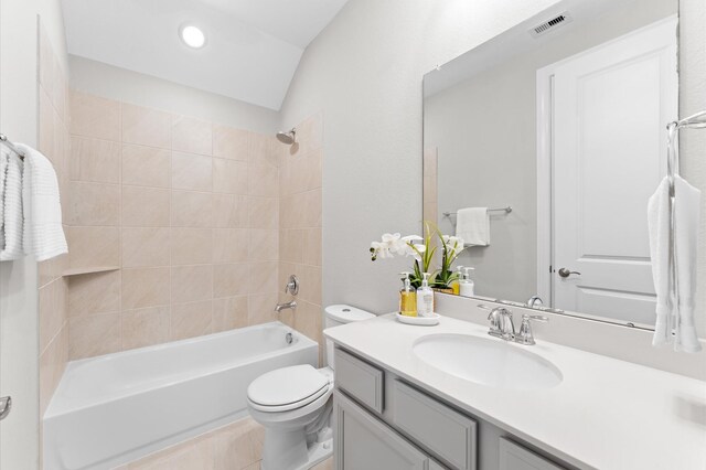 bathroom featuring shower / bathtub combination, toilet, recessed lighting, visible vents, and vanity