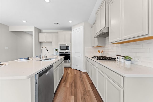 kitchen featuring tasteful backsplash, light wood-style flooring, stainless steel appliances, light countertops, and a sink