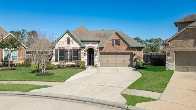 french country inspired facade featuring a front yard, concrete driveway, roof with shingles, and brick siding