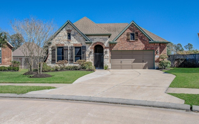 french country home with a garage, a shingled roof, fence, driveway, and a front yard