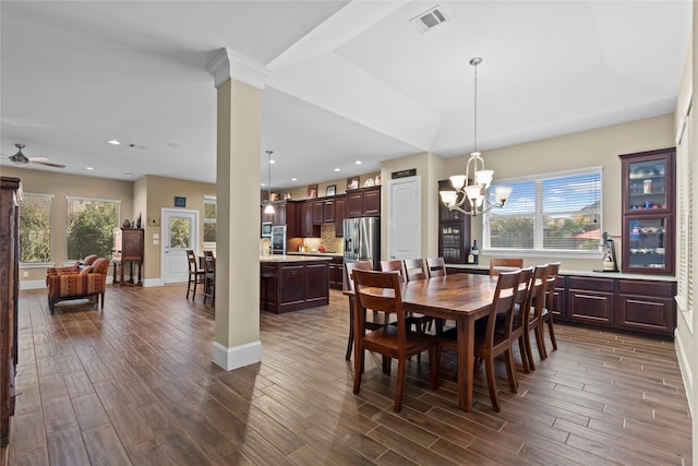 dining room with plenty of natural light, visible vents, dark wood-style flooring, and recessed lighting