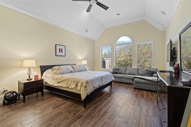 bedroom with ornamental molding, wood finish floors, vaulted ceiling, and a ceiling fan