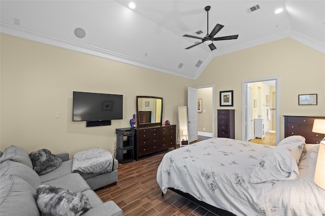 bedroom featuring vaulted ceiling, visible vents, and wood tiled floor