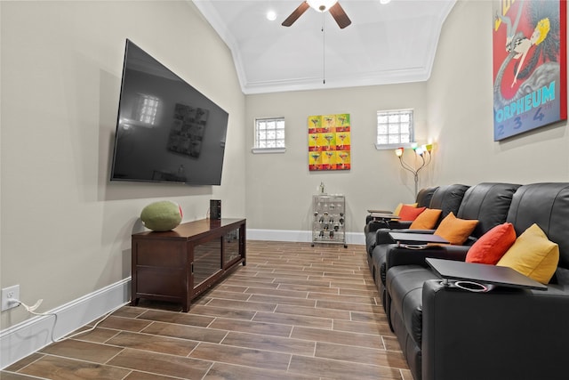 living room with wood tiled floor, baseboards, a ceiling fan, and ornamental molding