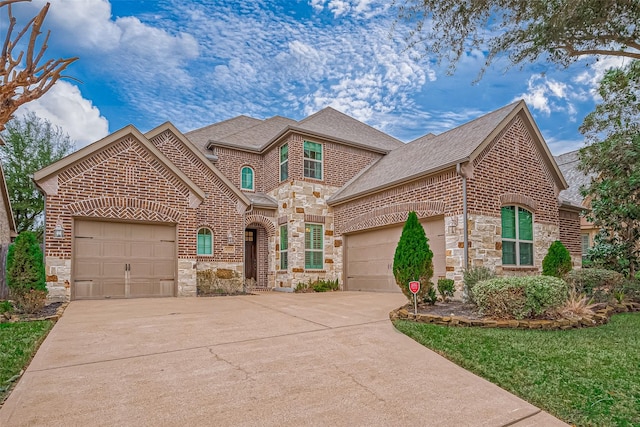 french country home featuring stone siding, brick siding, an attached garage, and driveway