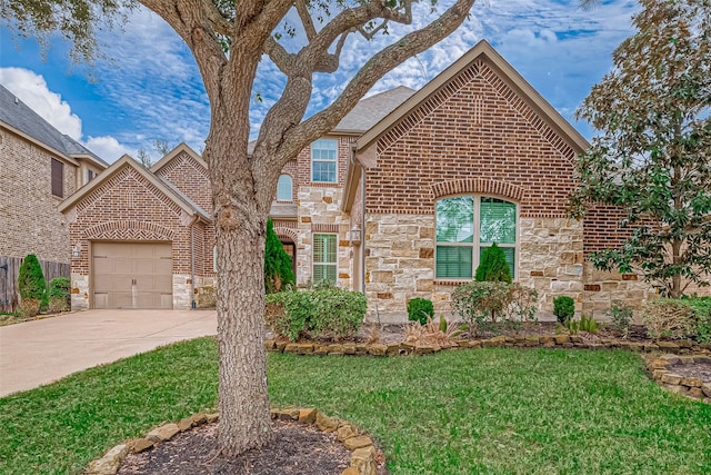 view of front facade with a garage, stone siding, concrete driveway, and brick siding