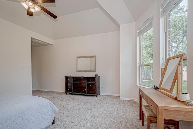 bedroom with lofted ceiling, carpet, visible vents, and baseboards