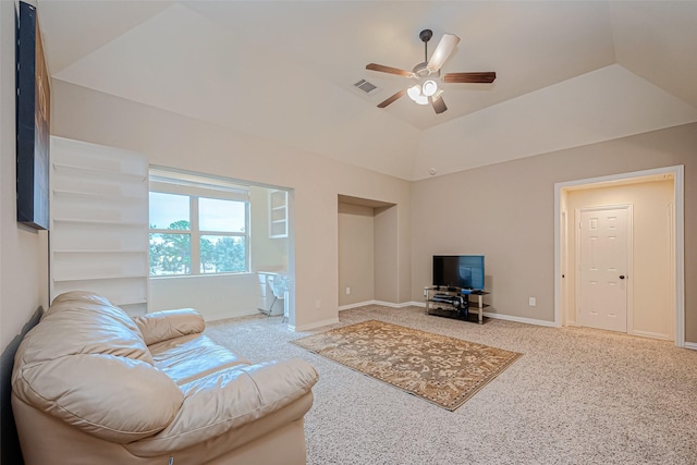 living area with visible vents, baseboards, a ceiling fan, light colored carpet, and vaulted ceiling