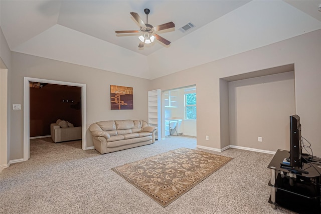 living room featuring baseboards, visible vents, ceiling fan, and carpet flooring