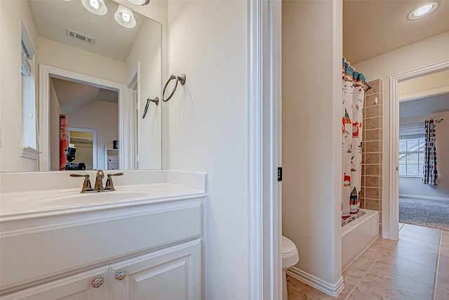 bathroom with visible vents, toilet, shower / bathtub combination with curtain, tile patterned flooring, and vanity