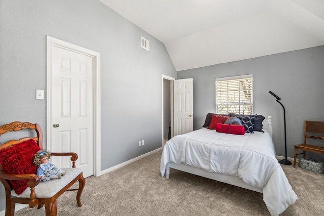 bedroom featuring visible vents, lofted ceiling, light colored carpet, and baseboards