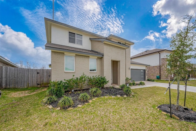 view of front of house with concrete driveway, an attached garage, fence, a front lawn, and brick siding