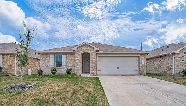 ranch-style home featuring brick siding, a shingled roof, an attached garage, a front yard, and driveway