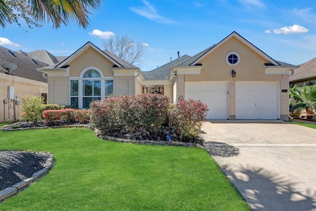 single story home with a front yard, a garage, brick siding, and driveway