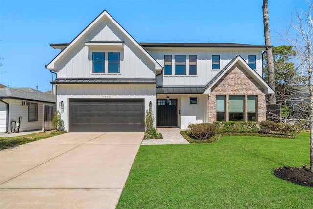 modern inspired farmhouse featuring a standing seam roof, board and batten siding, concrete driveway, a front yard, and a garage