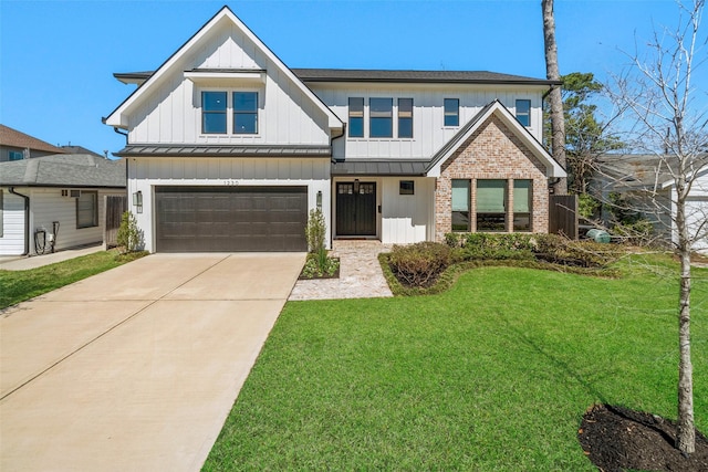 view of front of home with a garage, board and batten siding, concrete driveway, and a standing seam roof