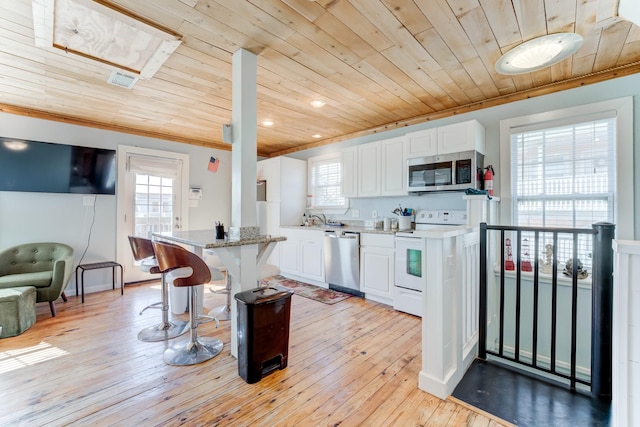 kitchen with white cabinets, wood ceiling, stainless steel appliances, light wood-type flooring, and a sink