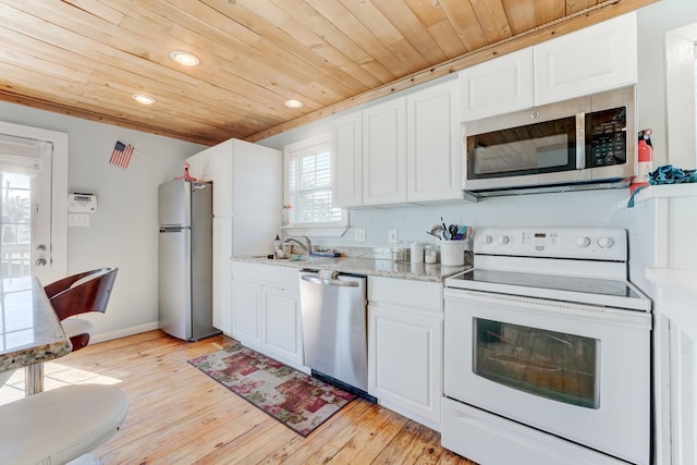 kitchen featuring light wood finished floors, white cabinets, wooden ceiling, stainless steel appliances, and a sink