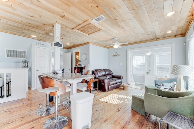 living room featuring wooden ceiling, visible vents, and light wood-style flooring