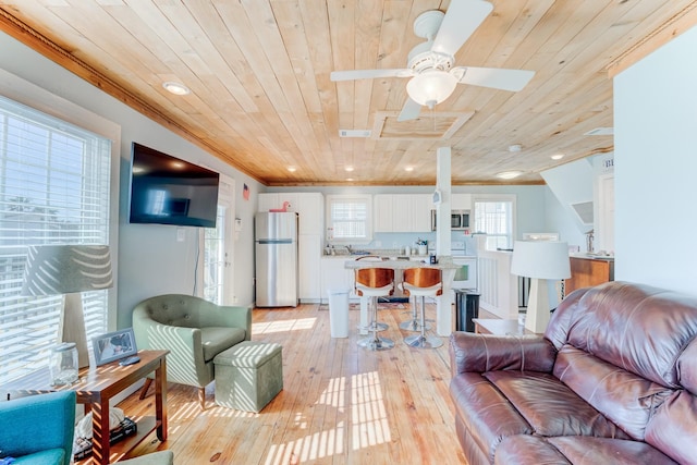 living area with ceiling fan, wooden ceiling, recessed lighting, visible vents, and light wood finished floors