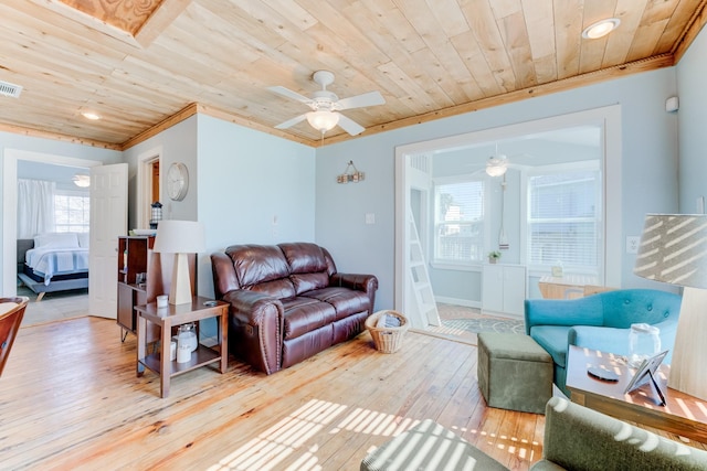 living area with ornamental molding, wooden ceiling, wood-type flooring, and visible vents