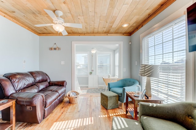 living area with wood ceiling, wood-type flooring, and a ceiling fan