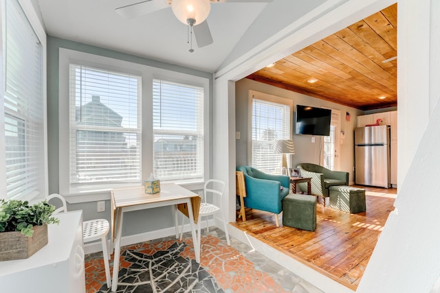 interior space with lofted ceiling, wood ceiling, ceiling fan, and baseboards