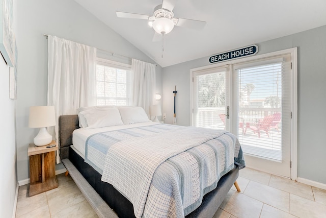 bedroom featuring baseboards, a ceiling fan, access to outside, vaulted ceiling, and light tile patterned flooring