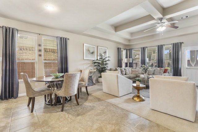 dining area with beam ceiling, visible vents, coffered ceiling, and a ceiling fan