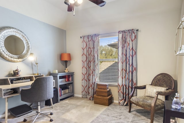 office area with baseboards, carpet floors, and ceiling fan