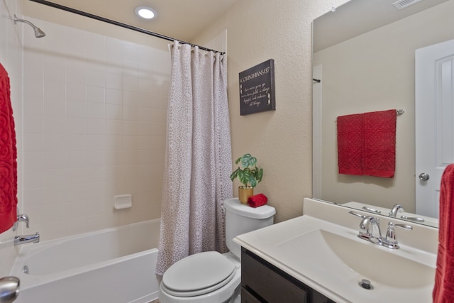 full bathroom featuring vanity, shower / bathtub combination with curtain, visible vents, toilet, and a textured wall