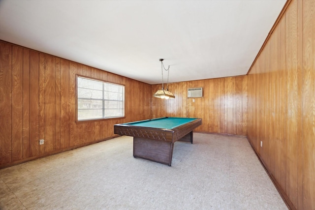 rec room with an AC wall unit, tile patterned floors, billiards, and wooden walls