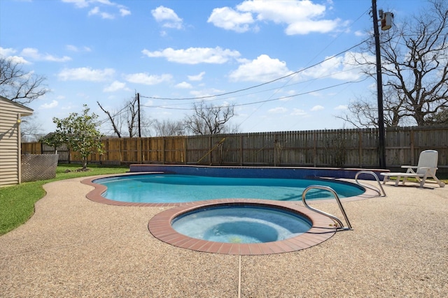 view of swimming pool featuring a patio area, a fenced backyard, a fenced in pool, and an in ground hot tub