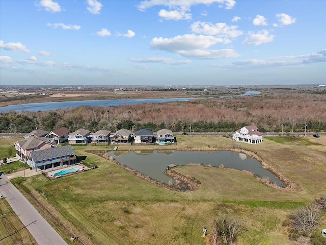 aerial view featuring a water view and a residential view