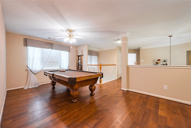 game room featuring a ceiling fan, visible vents, billiards, and wood finished floors