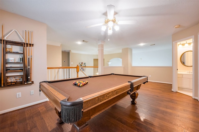 rec room featuring hardwood / wood-style flooring, billiards, and baseboards