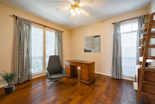 home office featuring ceiling fan, baseboards, and dark wood-type flooring