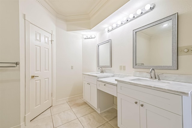bathroom featuring ornamental molding, tile patterned flooring, a sink, and double vanity