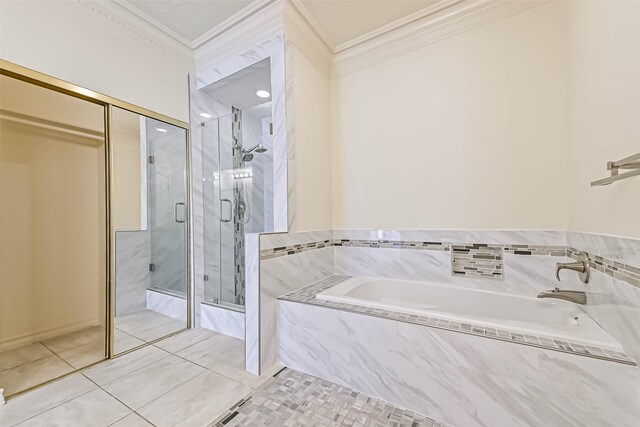full bathroom with a bath, crown molding, tile patterned flooring, and a stall shower