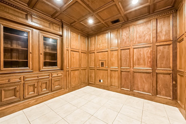 unfurnished room featuring tile patterned flooring, wooden ceiling, coffered ceiling, and wooden walls