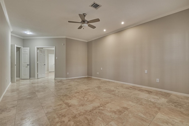 spare room featuring baseboards, visible vents, ceiling fan, and ornamental molding