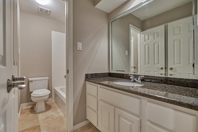 full bath with baseboards, visible vents, vanity, and toilet